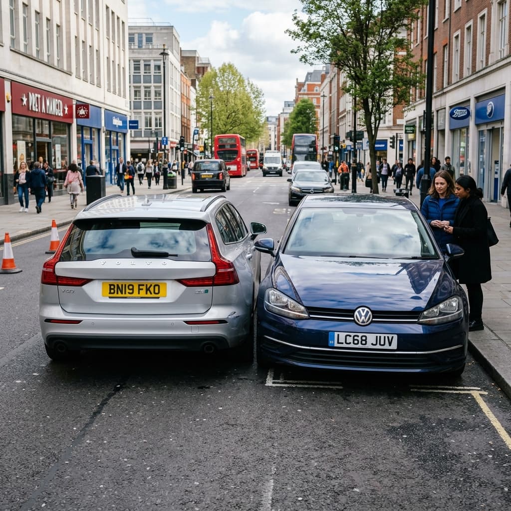 Foto de colisão leve entre dois carros em rua urbana - R A Negócios