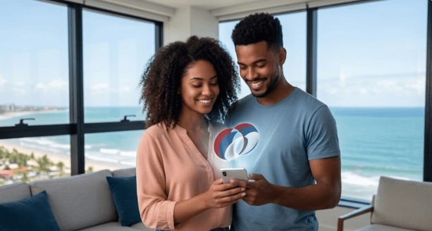 Casal feliz visualizando simulação de seguro auto no celular